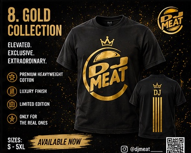 Black t-shirt with a gold DJ MEAT logo and crown on the front, and a smaller back view showing gold stripes, presented on a dark textured background with promotional text.