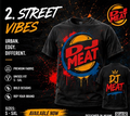 Black graphic t-shirt featuring a circular 'DJ MEAT' logo in red, yellow, and blue with paint splatter details, shown on a black promotional background with text and smaller alternate views.