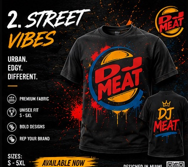Black graphic t-shirt featuring a circular 'DJ MEAT' logo in red, yellow, and blue with paint splatter details, shown on a black promotional background with text and smaller alternate views.