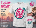 White short-sleeve t-shirt with a colorful 'DJ MEAT' logo on the front and 'MIAMI 305' on the back, displayed against a Miami skyline sunset background with promotional text.