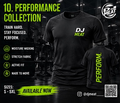 A promotional graphic for a black athletic t-shirt from DJ Meat, showing the front and back views of the shirt. The shirt features a green and white 'DJ MEAT' logo on the front chest and 'PERFORM.