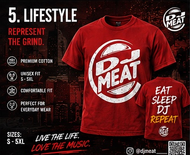 A red short-sleeve t-shirt with a large distressed white circular 'DJ MEAT' logo on the front, shown alongside a smaller back view of the same shirt. The image is a promotional graphic with text reading '5.