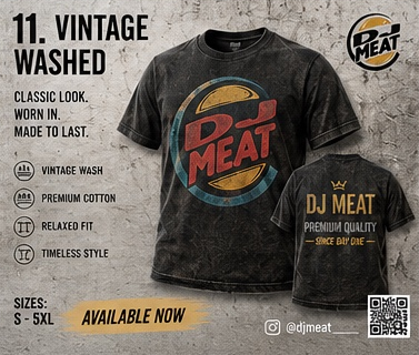 A promotional graphic showing two views of a black vintage-wash graphic T-shirt with 'DJ MEAT' text and logo. The left shirt shows a large circular front graphic in red, yellow, and blue, and the right shirt shows the back with a smaller matching logo.